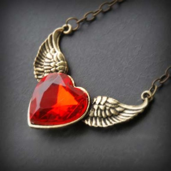 Heart with Wings Necklace Red Crystal - Picture 2 of 7
